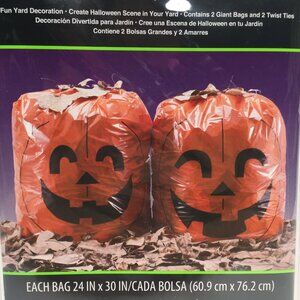 Set of 2 Pumpkin Leaf Bags 24"X30" Twist Ties Halloween Scene Fun Yard Decoratio